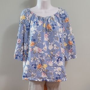 Como Vintage Blue and White Relaxed 3/4 Sleeve Blouse